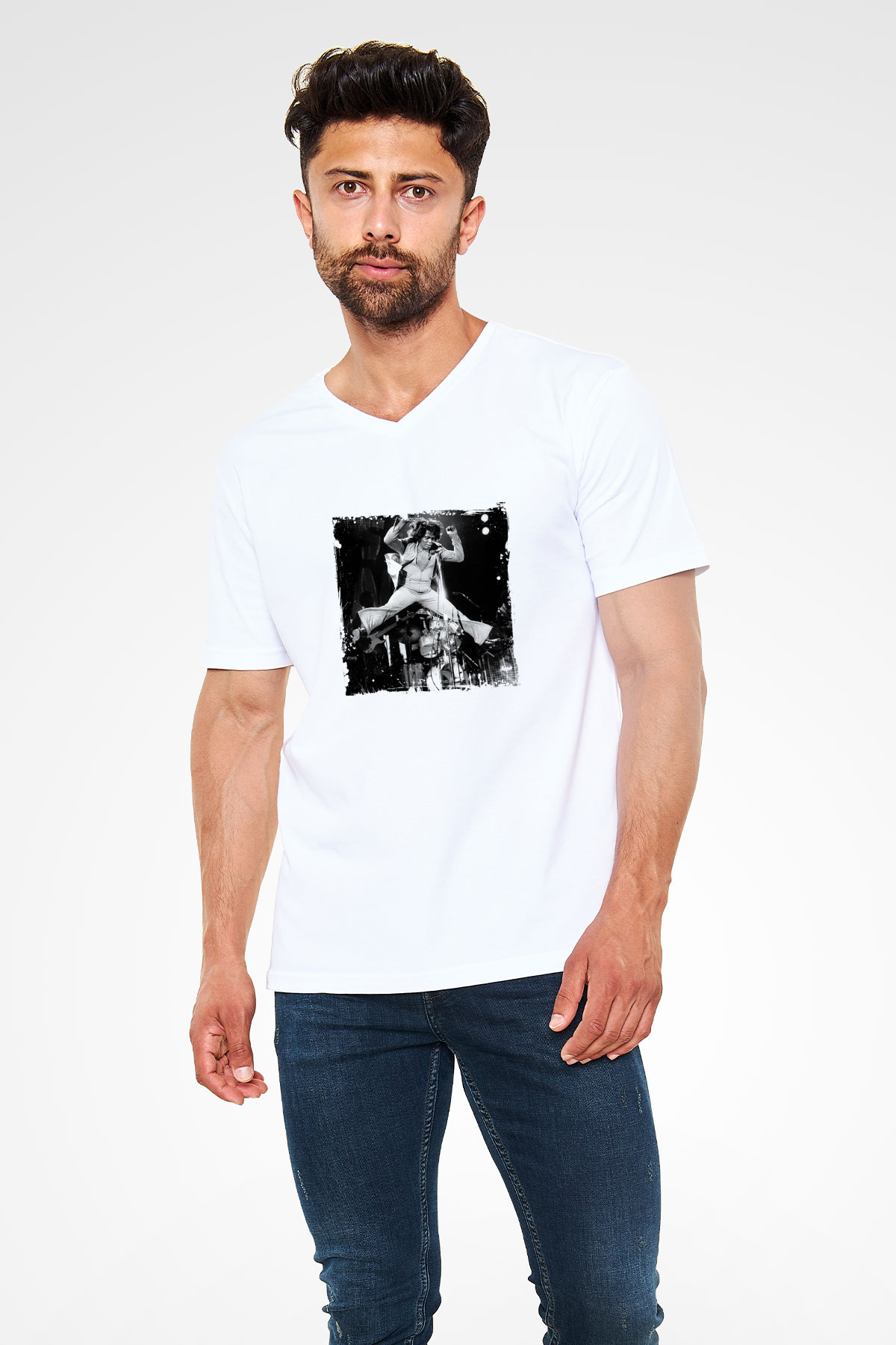 James Brown Baskılı Beyaz V Yaka Unisex Tişört