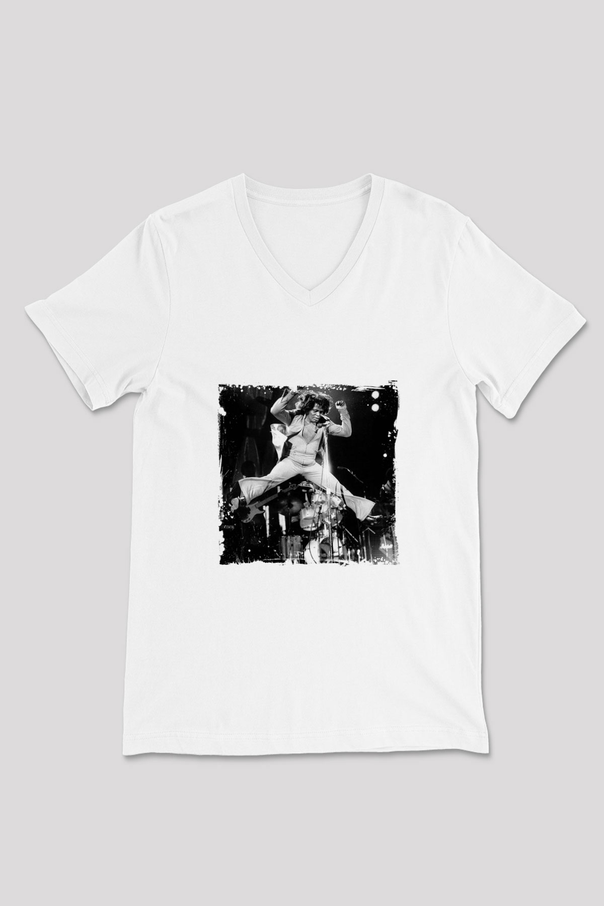 James Brown Baskılı Beyaz V Yaka Unisex Tişört