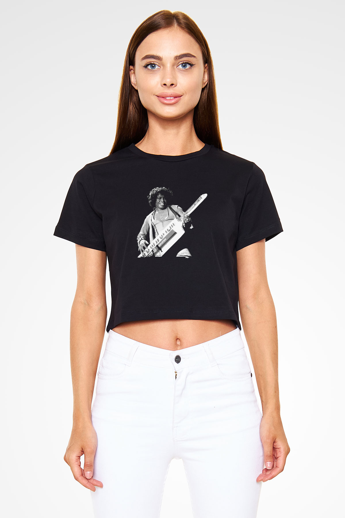 James Brown Baskılı Crop Top Siyah Kadın Tişört