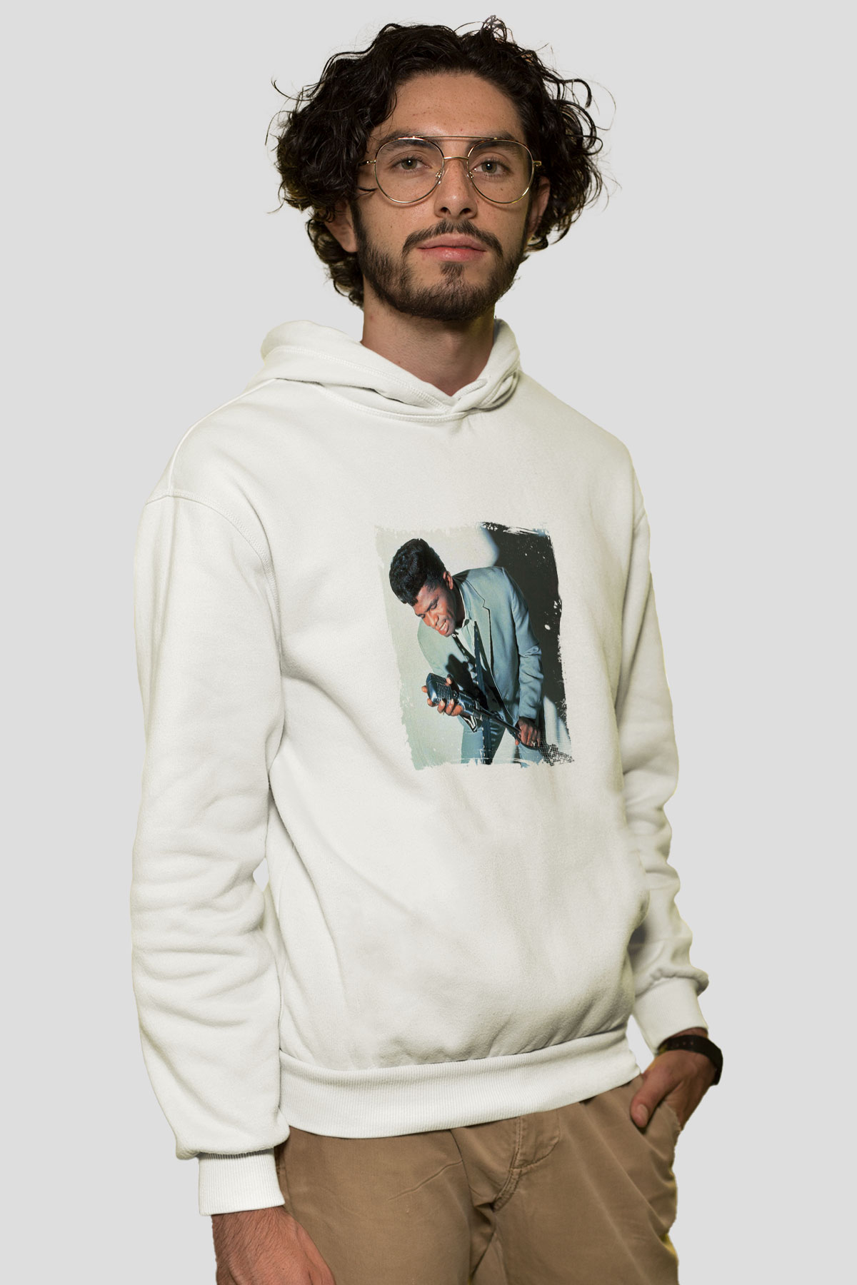 James Brown Baskılı Unisex Beyaz Kapüşonlu Sweatshirt