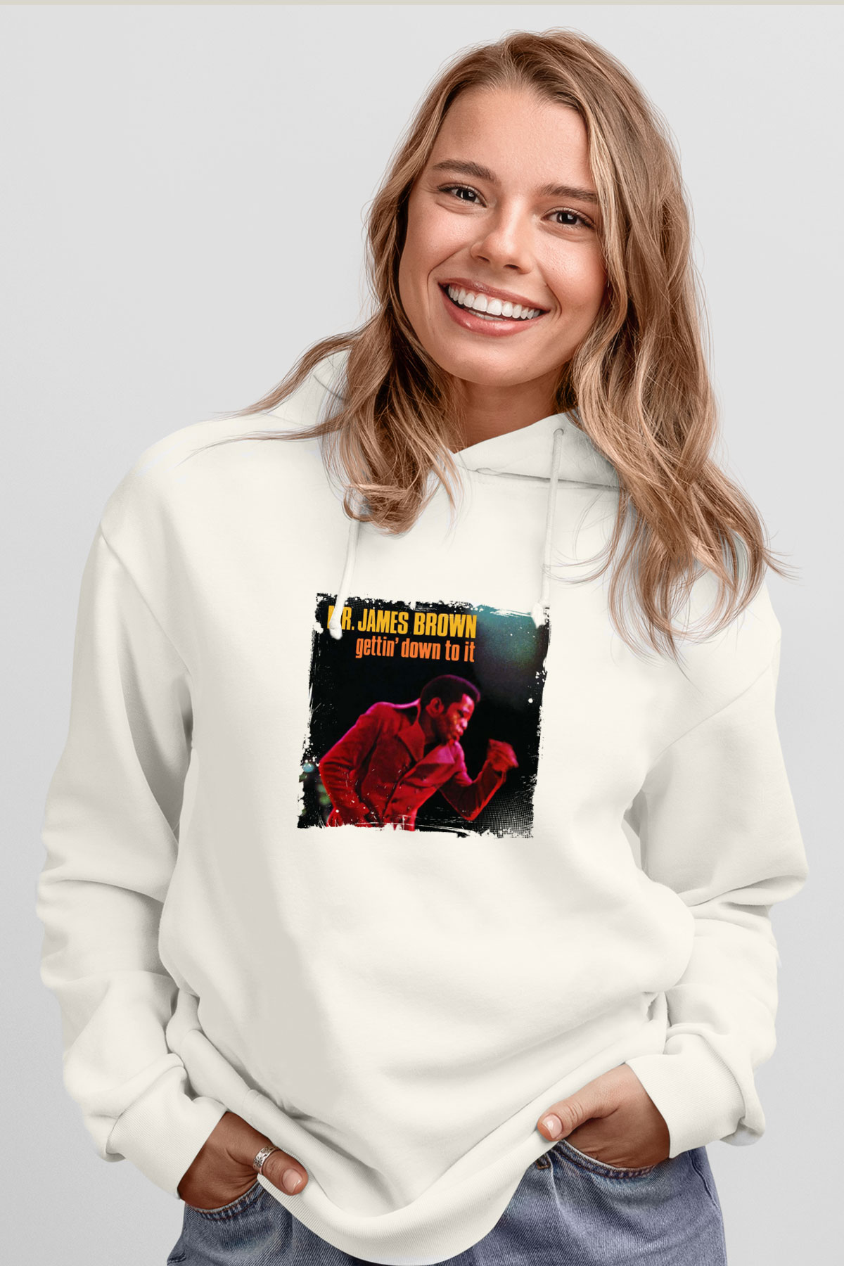James Brown Baskılı Unisex Beyaz Kapüşonlu Sweatshirt