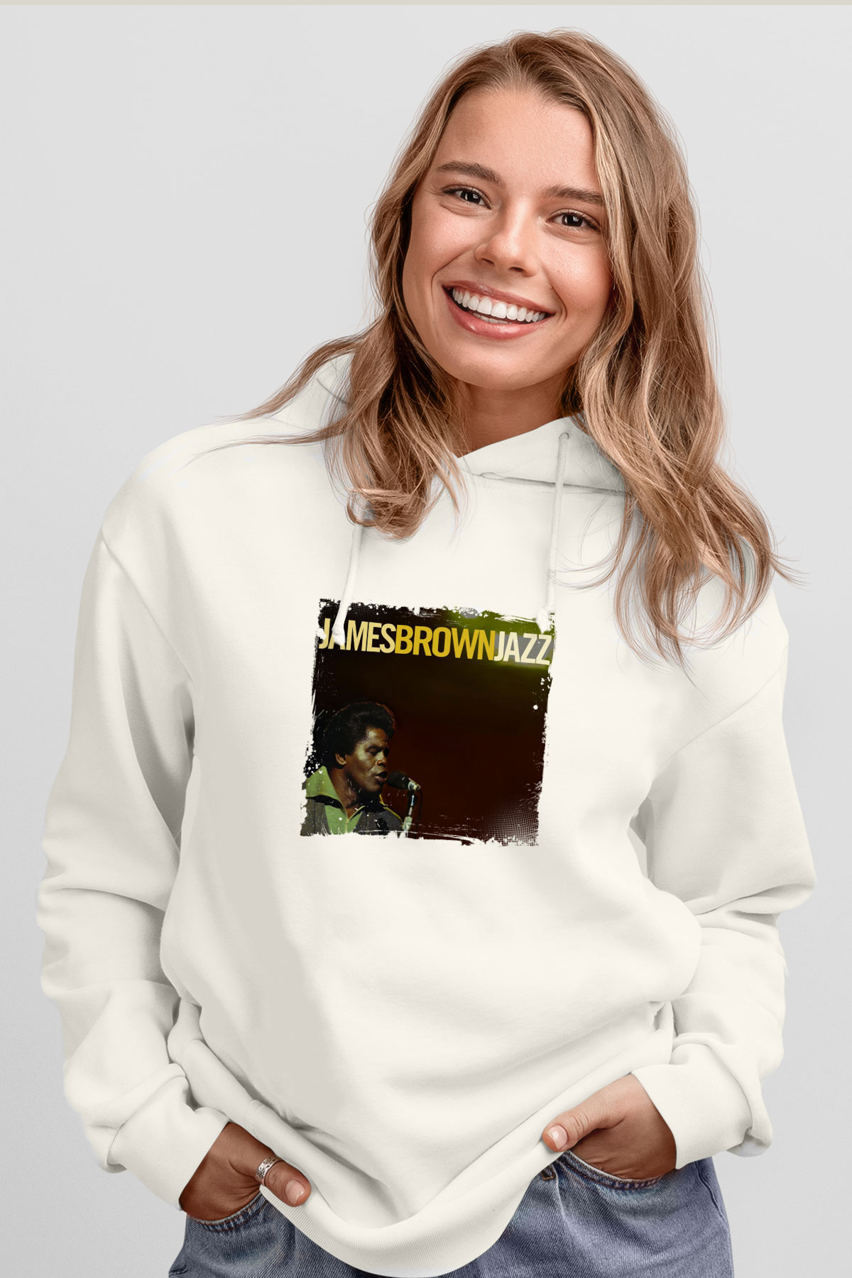 James Brown Baskılı Unisex Beyaz Kapüşonlu Sweatshirt