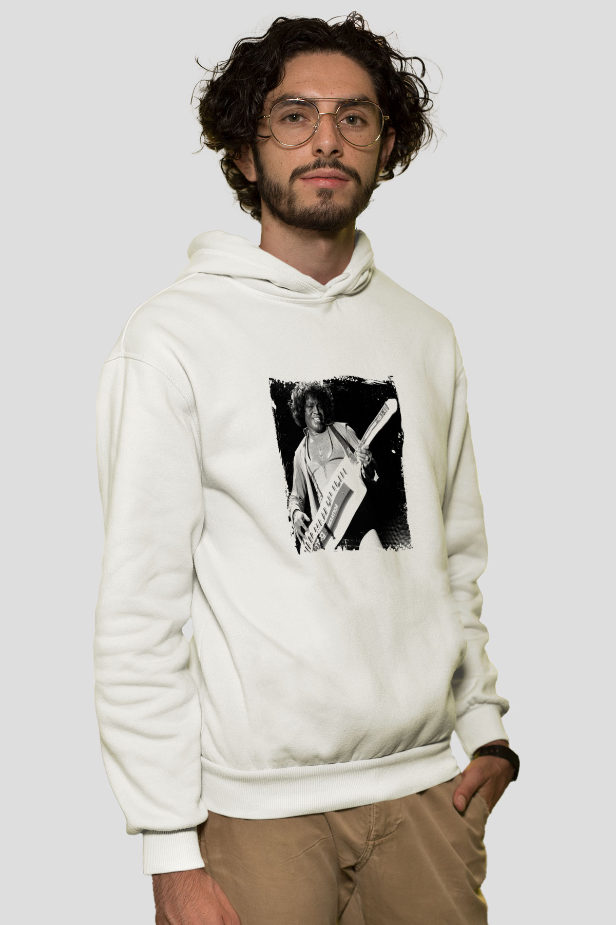 James Brown Baskılı Unisex Beyaz Kapüşonlu Sweatshirt
