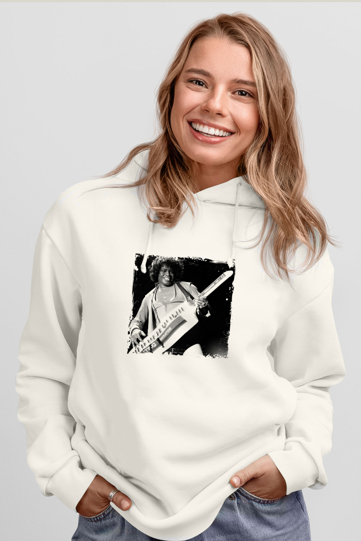James Brown Baskılı Unisex Beyaz Kapüşonlu Sweatshirt