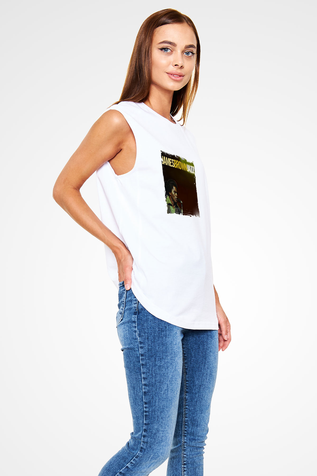 James Brown Baskılı Unisex Beyaz Kolsuz Tişört