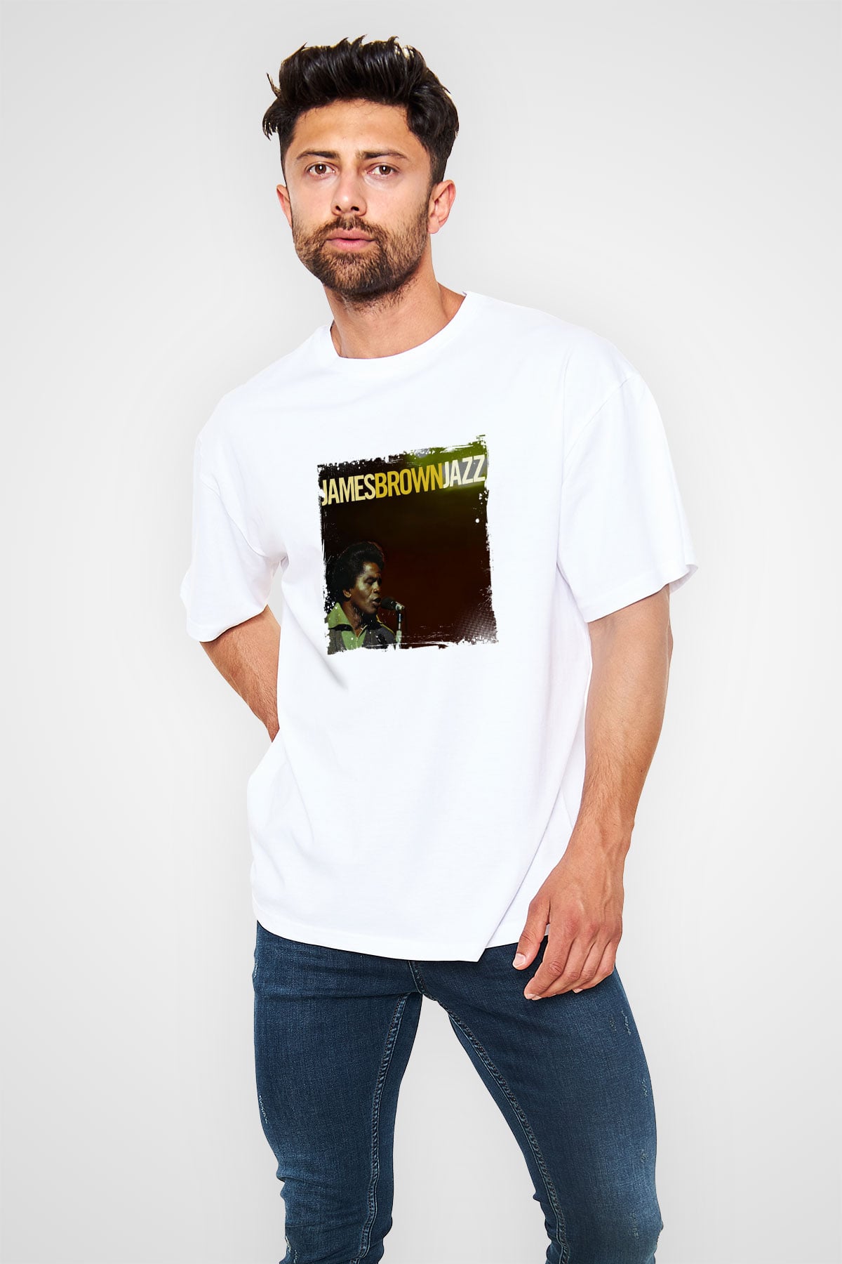 James Brown Baskılı Oversize Beyaz Tişört