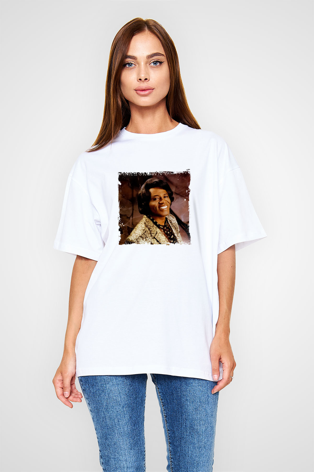 James Brown Baskılı Oversize Beyaz Tişört
