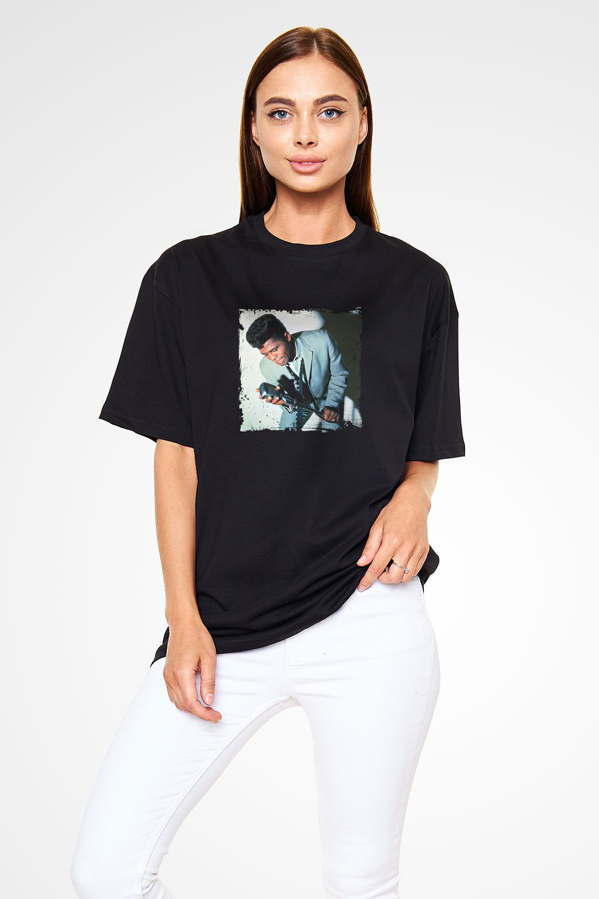 James Brown Baskılı Unisex Oversize Siyah Tişört