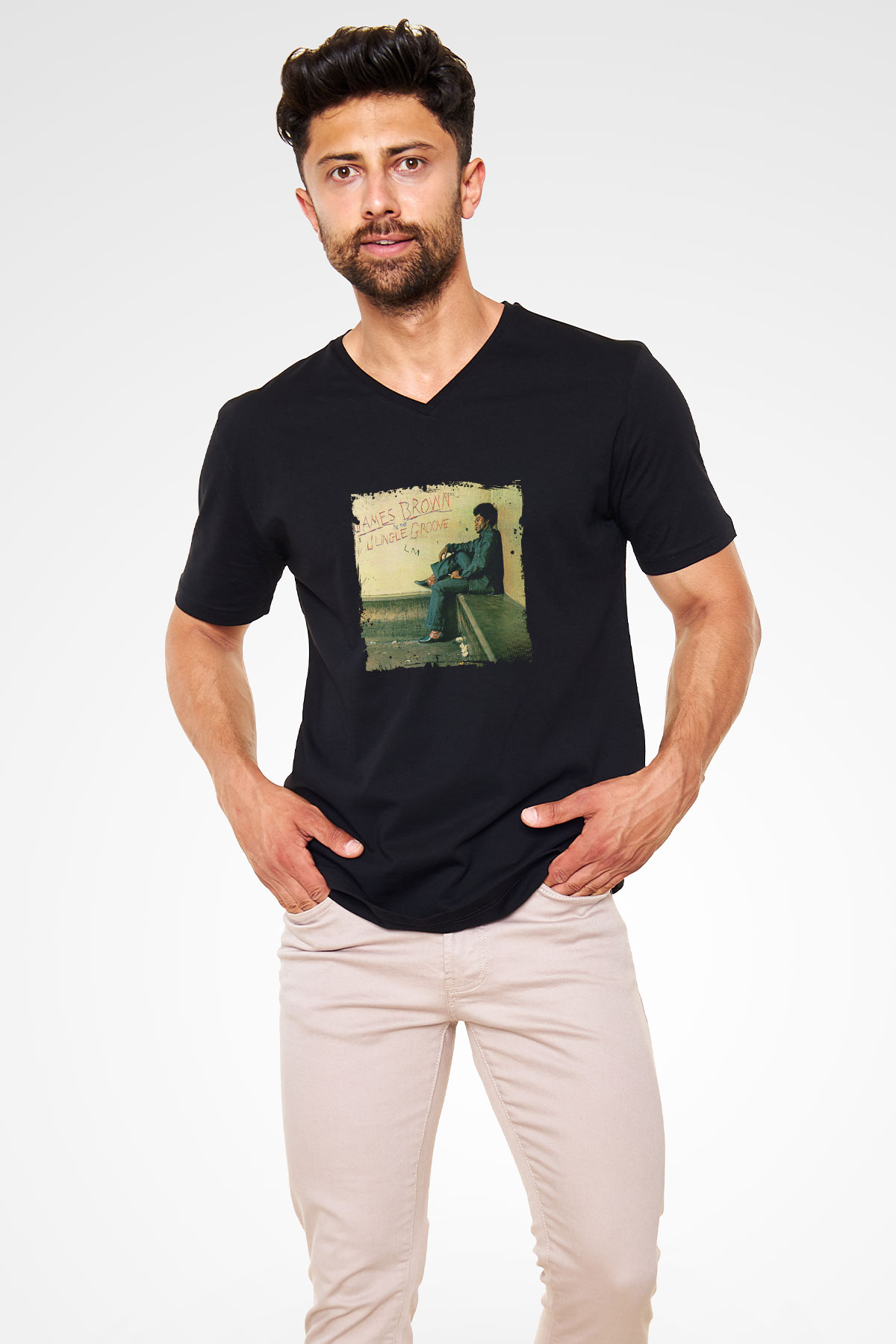 James Brown Baskılı Unisex Siyah V Yaka Tişört