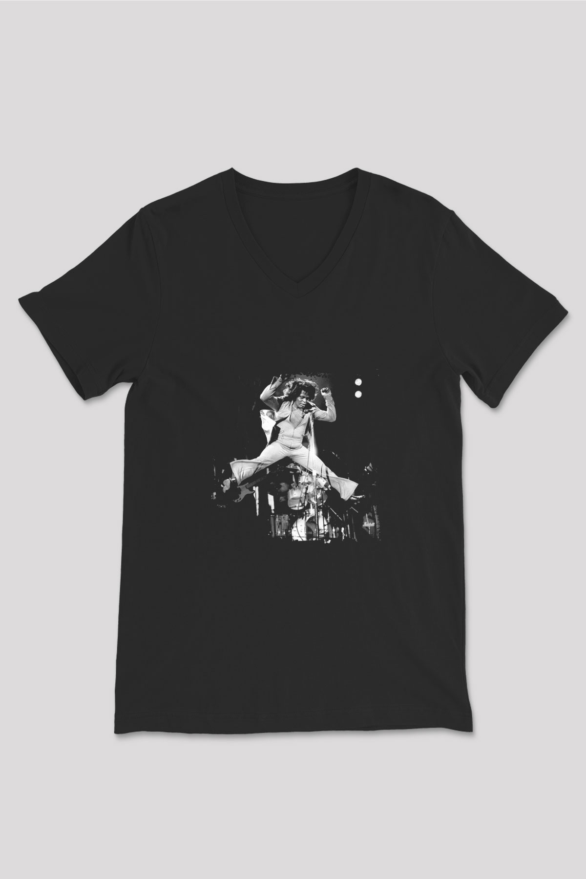 James Brown Baskılı Unisex Siyah V Yaka Tişört