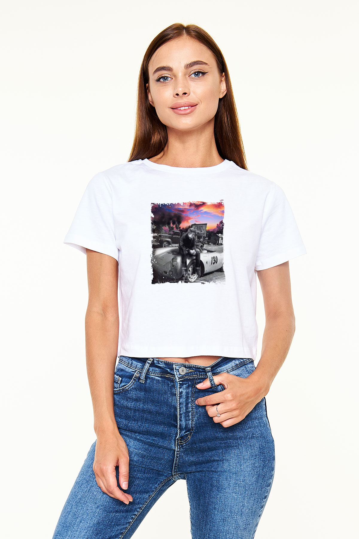James Dean Baskılı Beyaz Kadın Crop Top Tişört