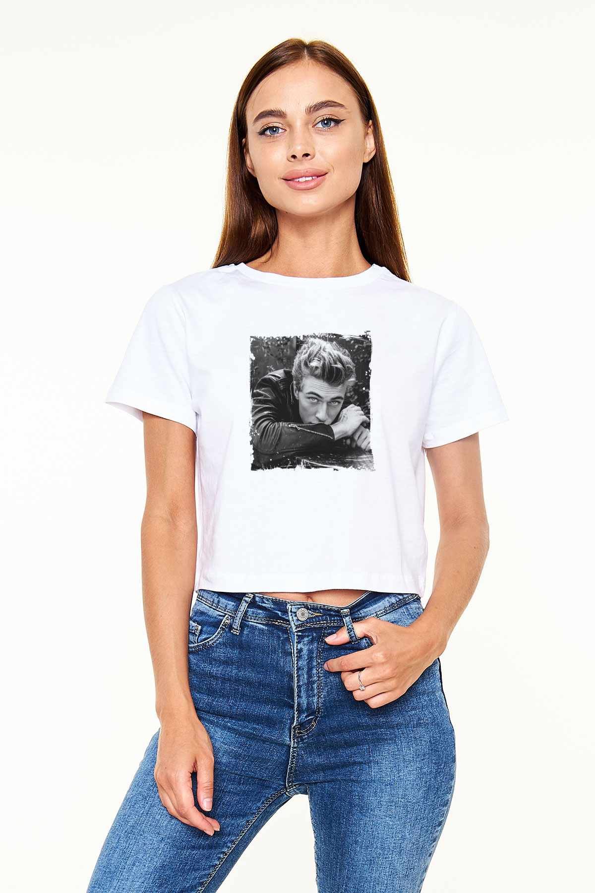 James Dean Baskılı Beyaz Kadın Crop Top Tişört