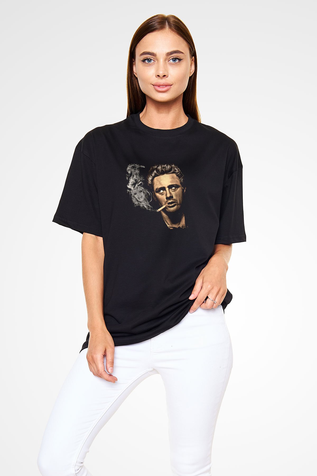 James Dean Baskılı Unisex Siyah Oversize Tişört