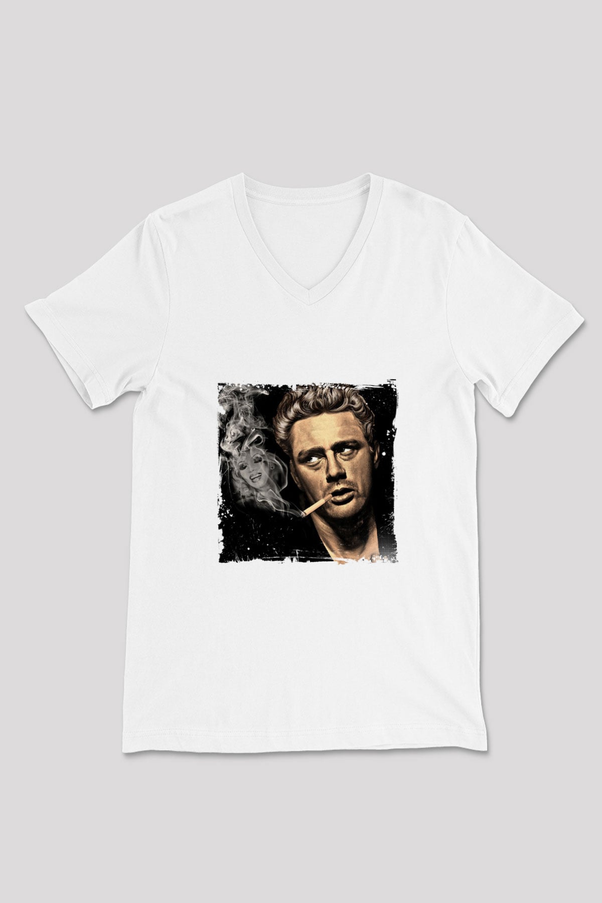James Dean Baskılı V Yaka Unisex Beyaz Tişört