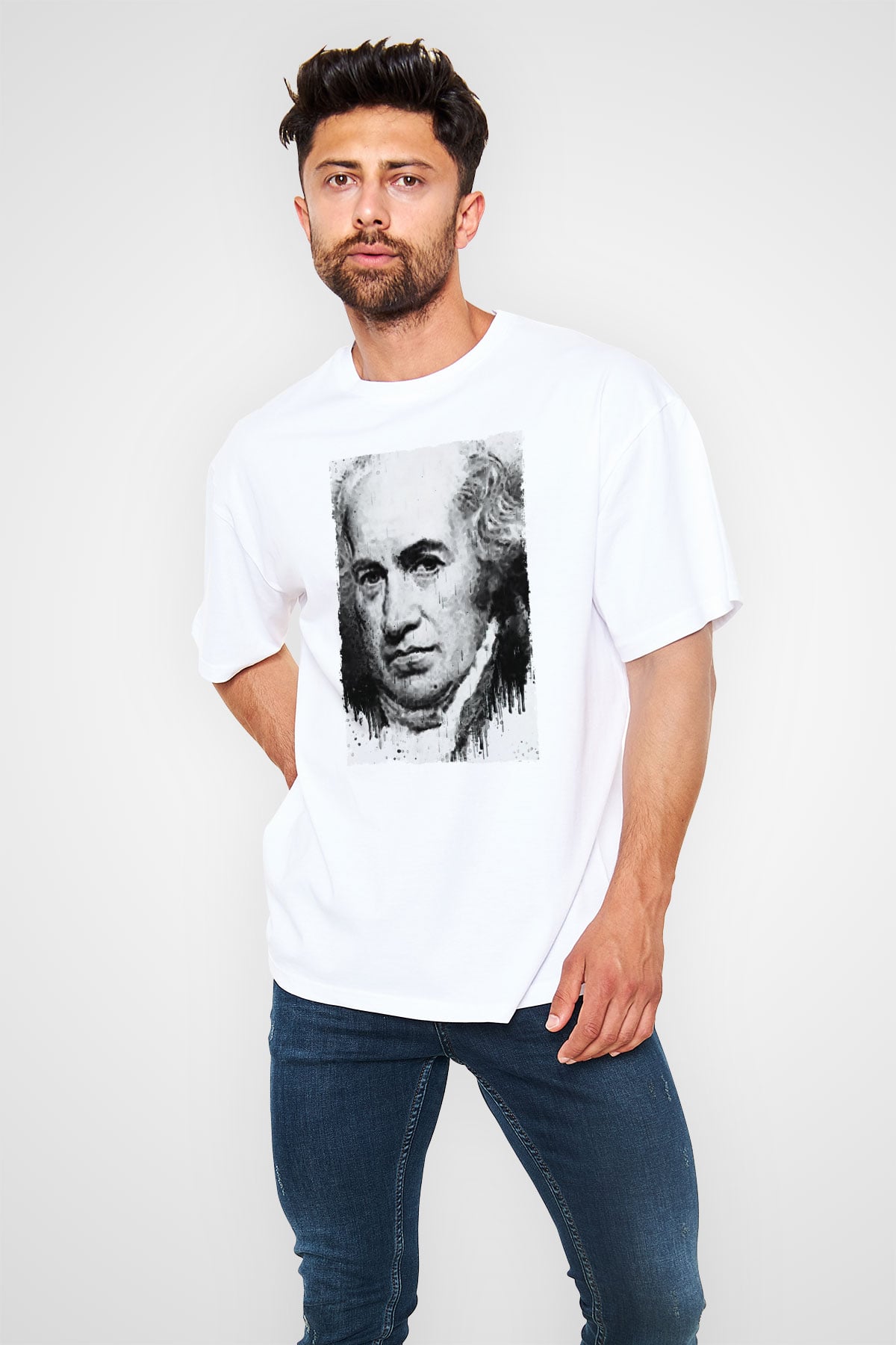 James Watt Baskılı Unisex Oversize Beyaz Tişört - Tshirt
