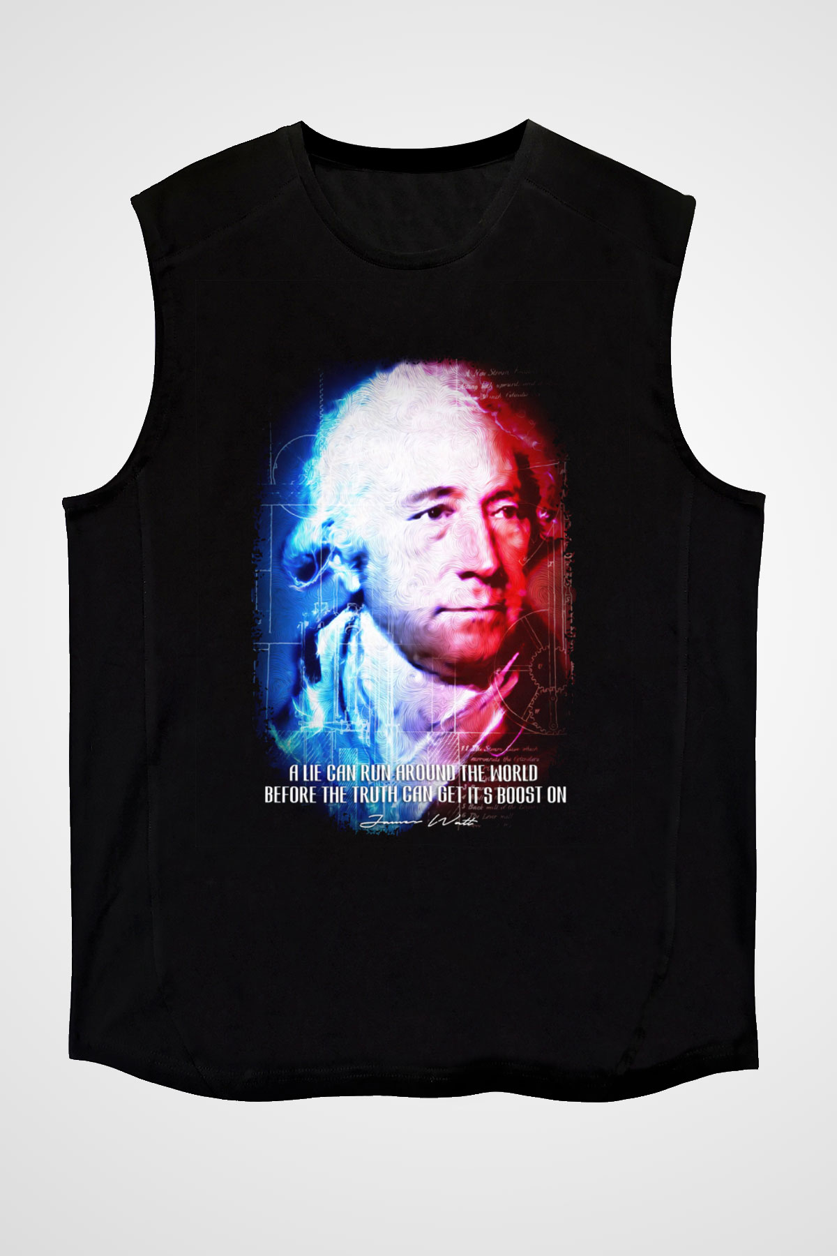 James Watt Portre Baskılı Unisex Kolsuz Siyah Tişört - Tshirt