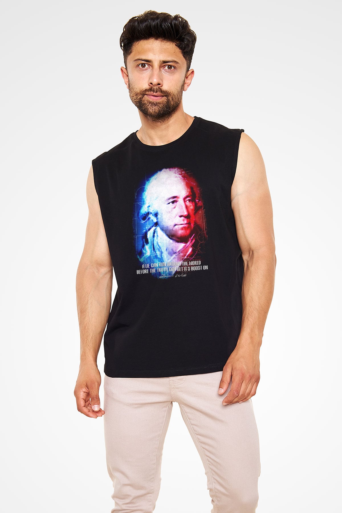 James Watt Portre Baskılı Unisex Kolsuz Siyah Tişört - Tshirt