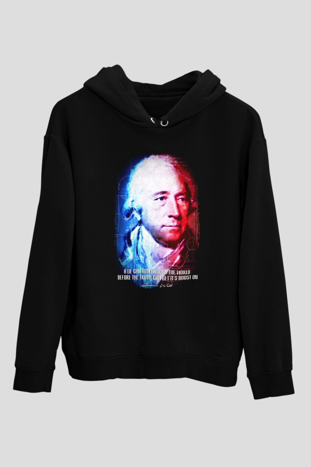 James Watt Portre Baskılı Unisex Siyah Hoodie