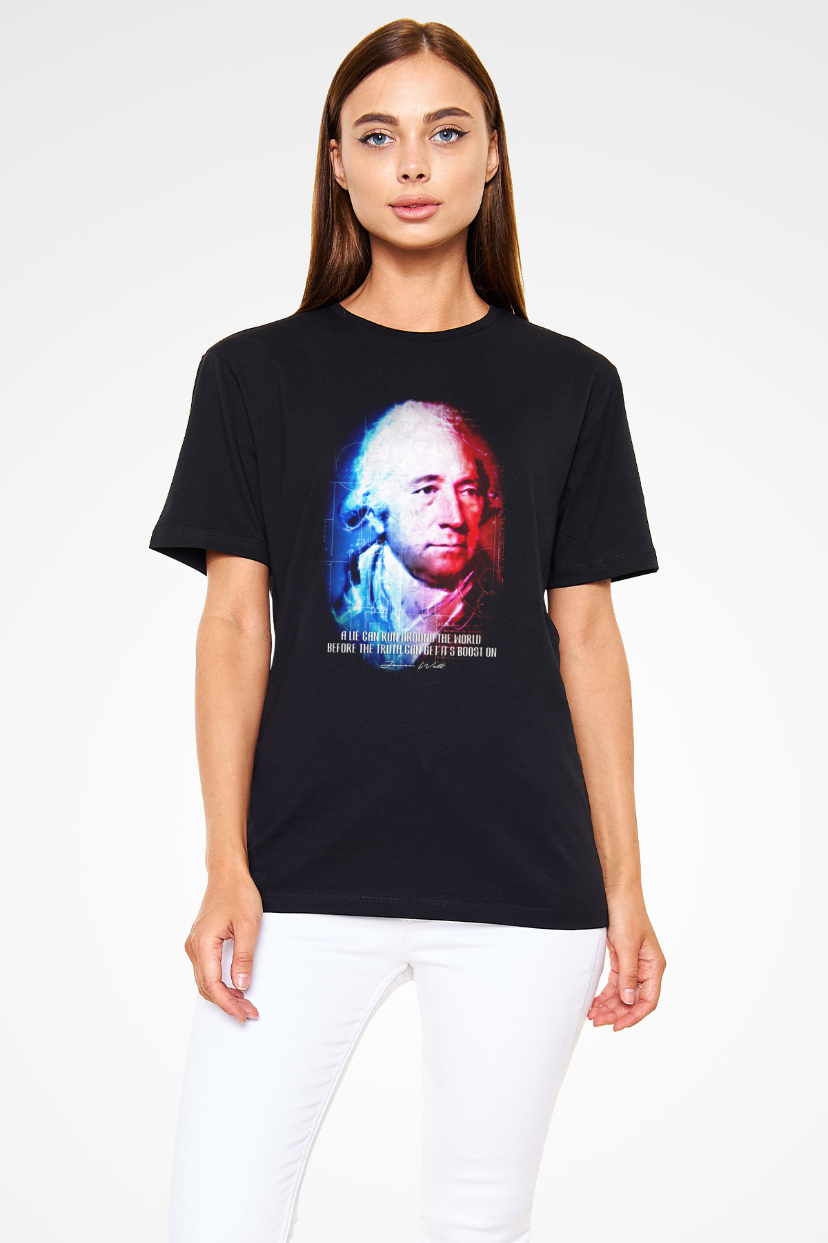 James Watt Portre Baskılı Unisex Siyah Tişört - Tshirt