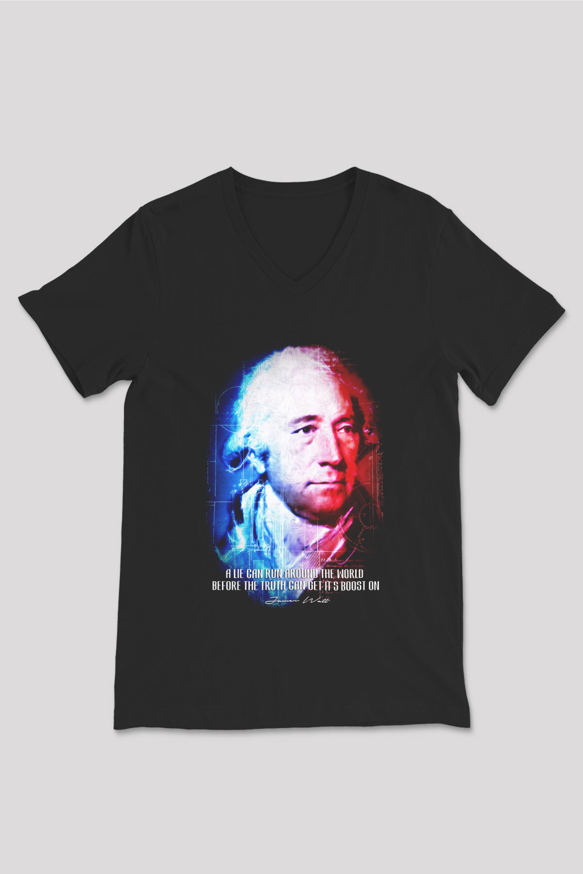 James Watt Portre Baskılı Unisex V Yaka Siyah Tİşört - Tshirt