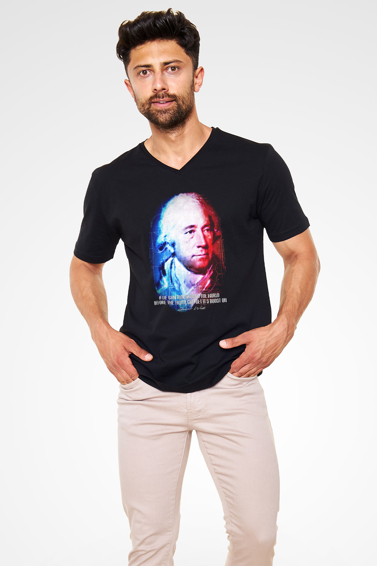 James Watt Portre Baskılı Unisex V Yaka Siyah Tİşört - Tshirt