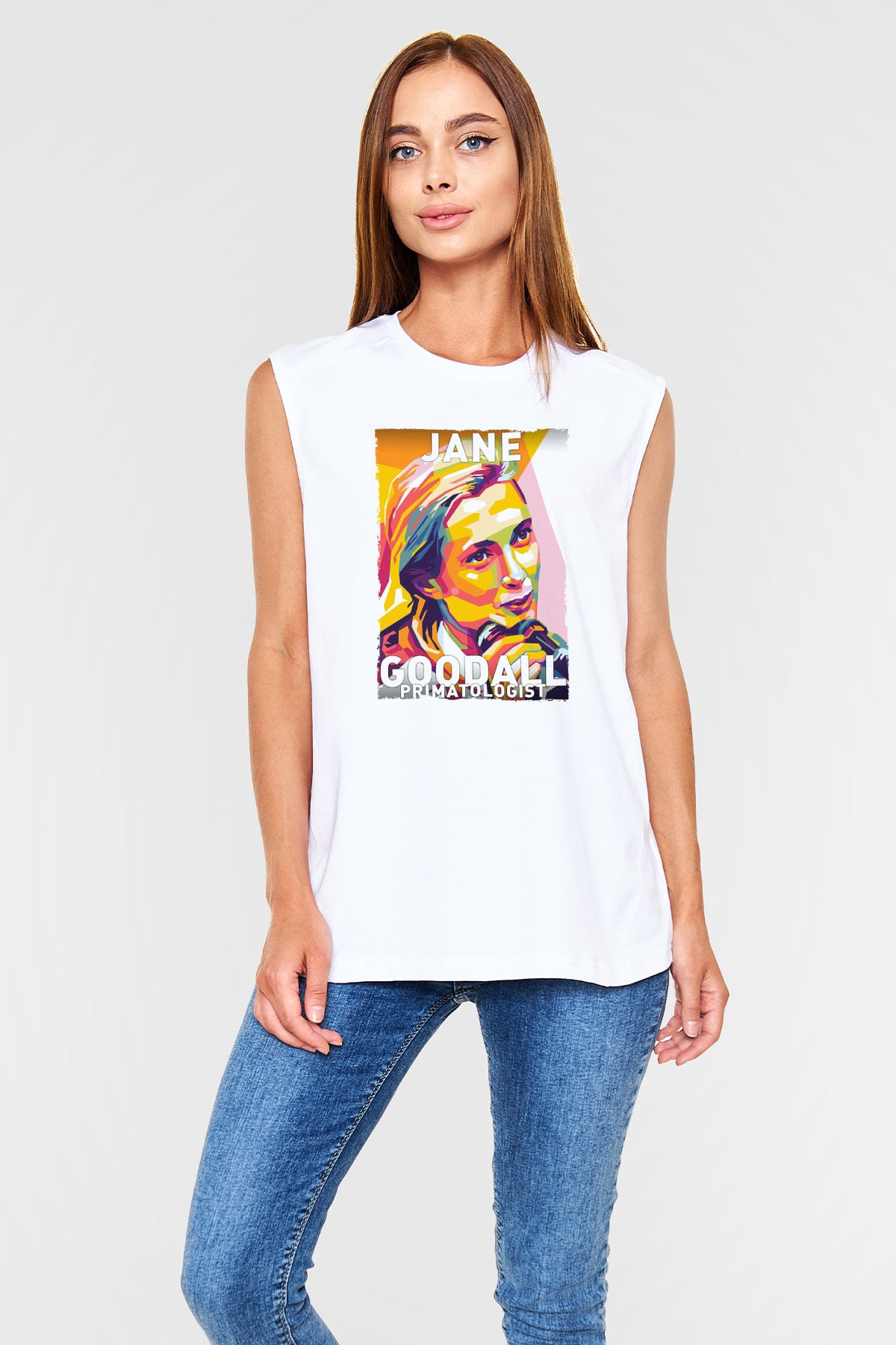 Jane Goodall Baskılı Unisex Kolsuz Beyaz Tişört - Tshirt