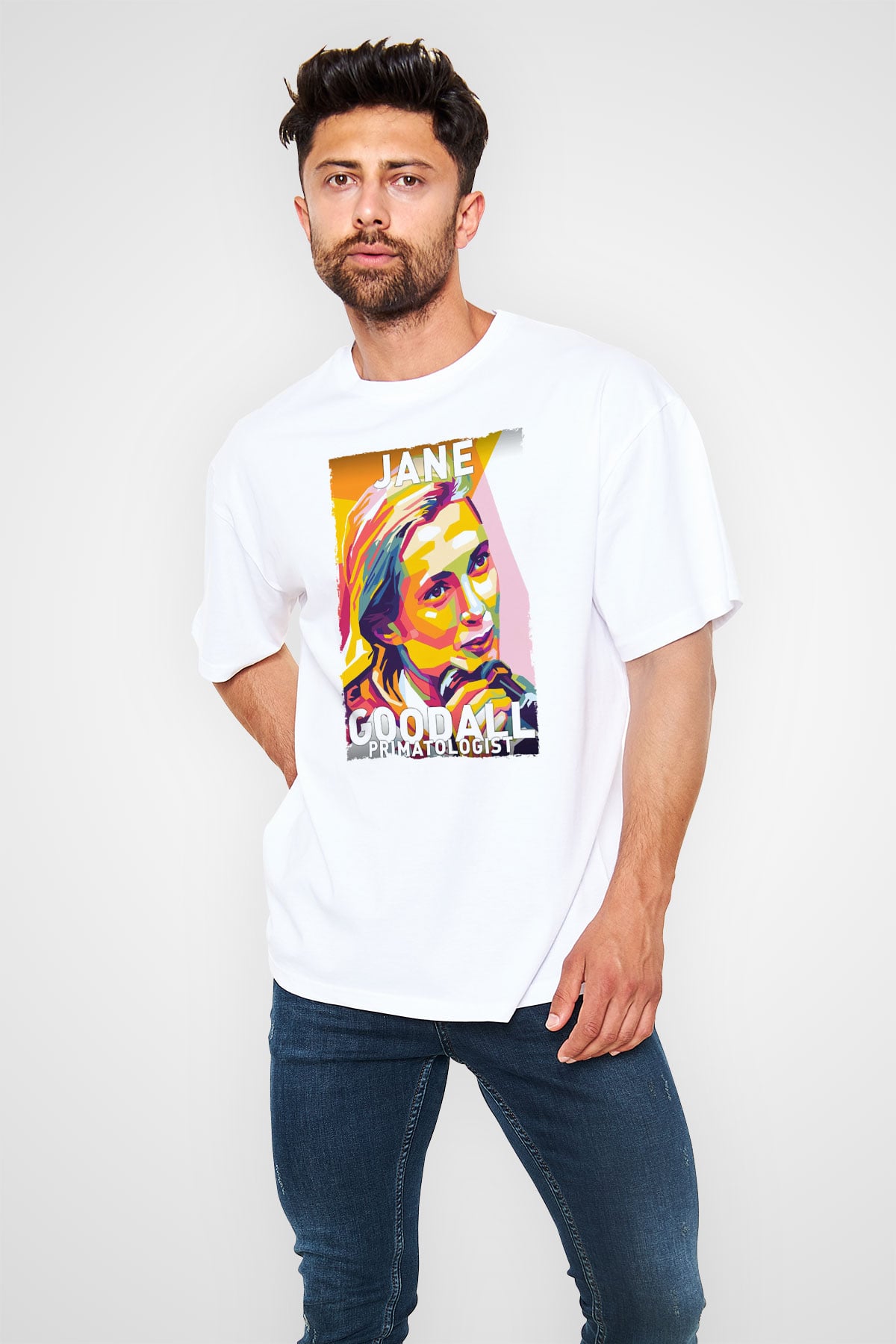 Jane Goodall Baskılı Unisex Oversize Beyaz Tişört - Tshirt