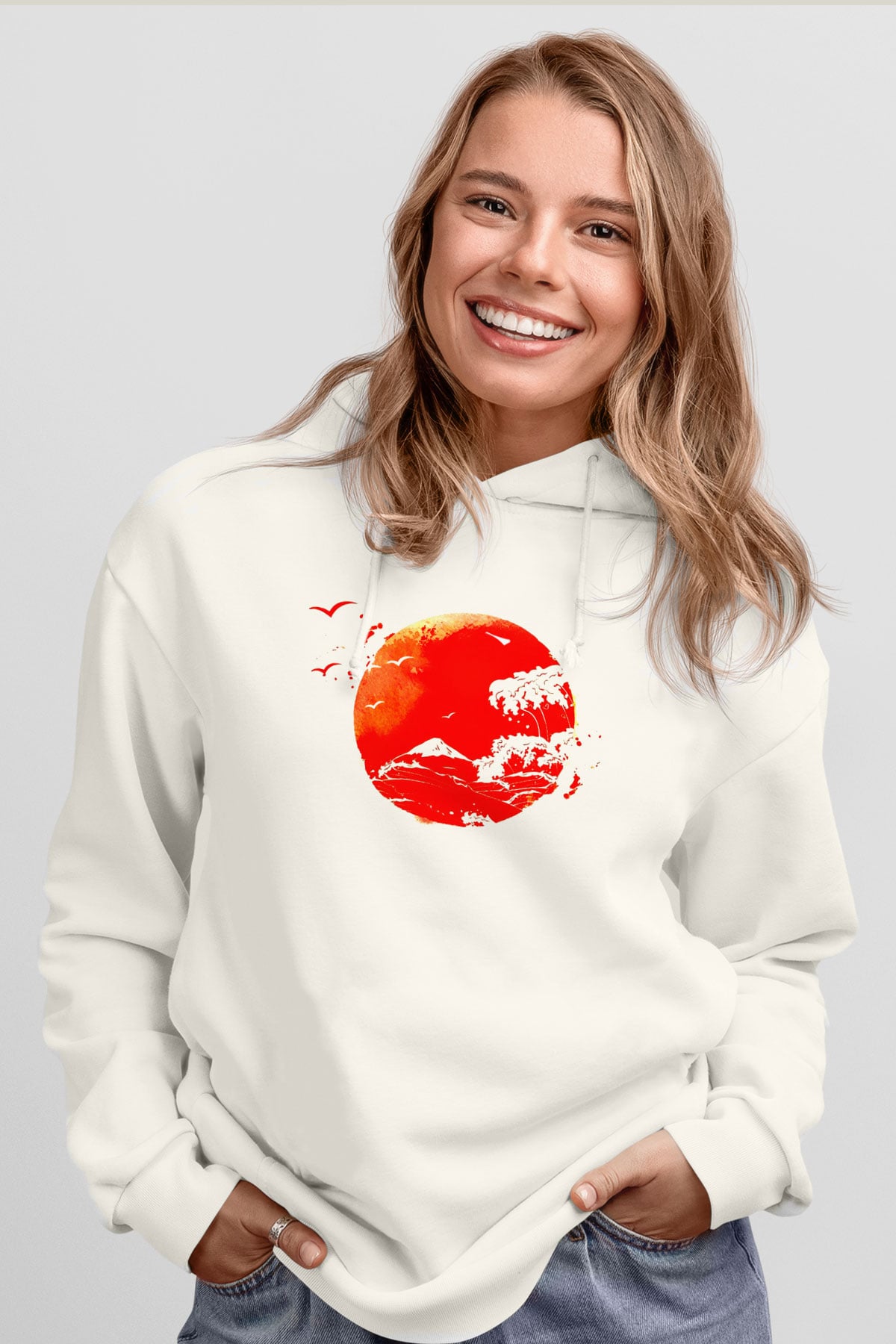 Japonya Beyaz Unisex Kapşonlu Sweatshirt