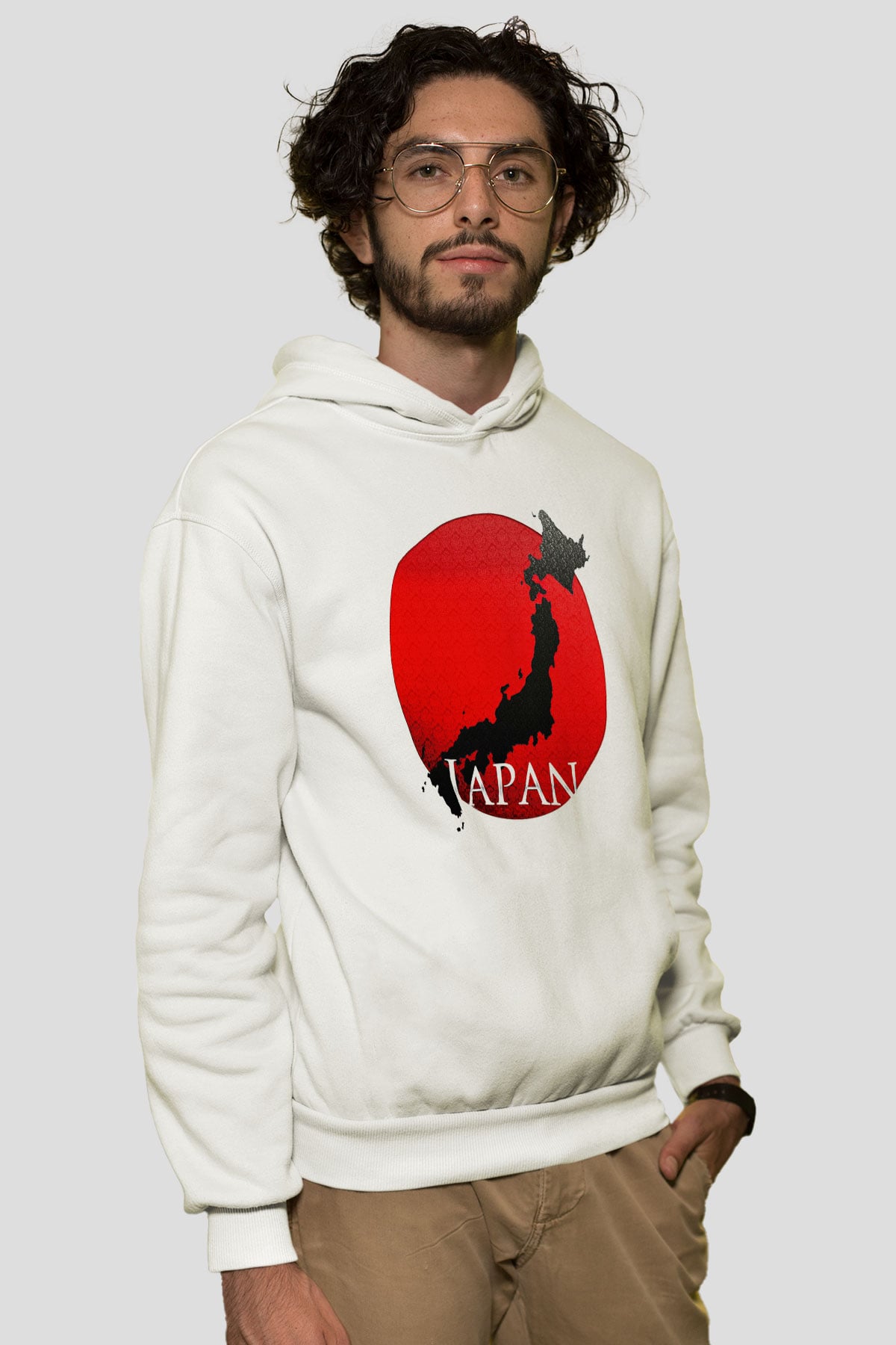 Japonya Beyaz Unisex Kapşonlu Sweatshirt