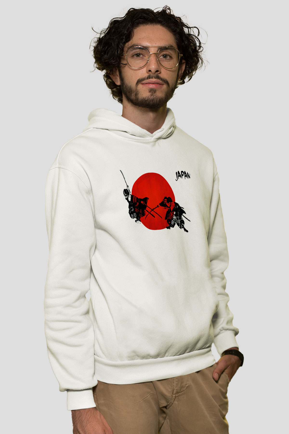 Japonya Beyaz Unisex Kapşonlu Sweatshirt
