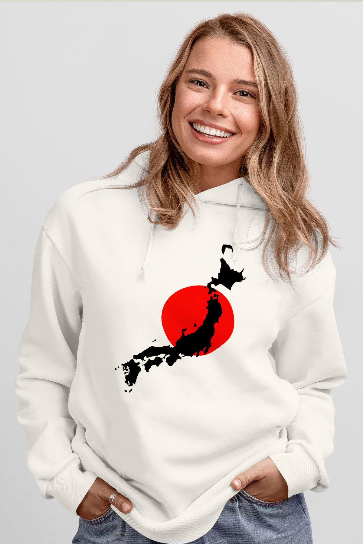 Japonya Beyaz Unisex Kapşonlu Sweatshirt