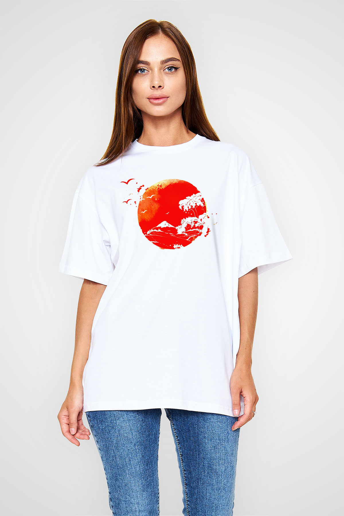 Japonya Beyaz Unisex Oversize Tişört T-Shirt