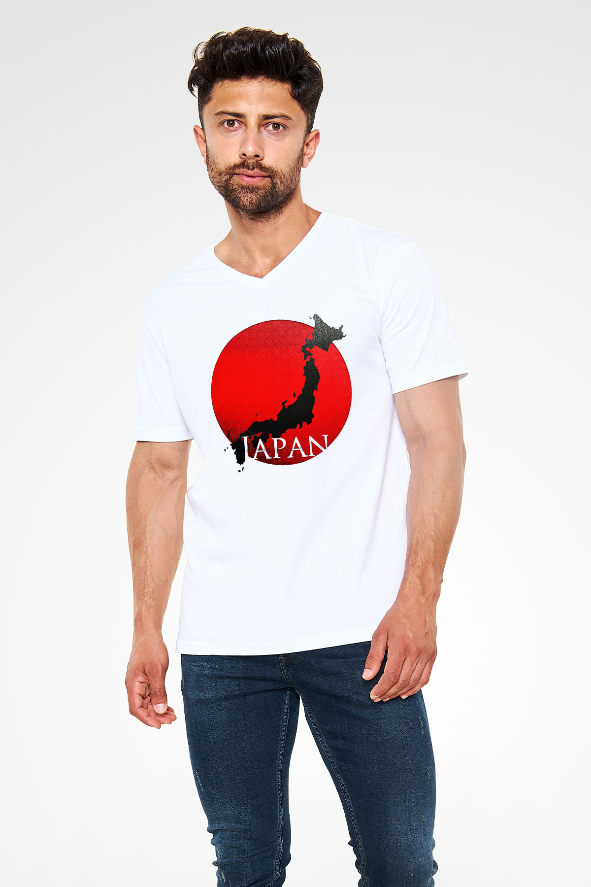 Japonya Beyaz Unisex V Yaka Tişört T-Shirt