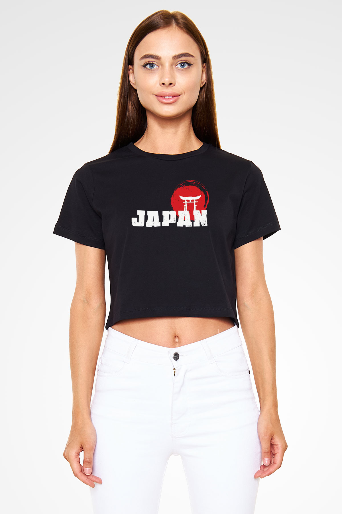 Japonya Siyah  Crop Top Tişört