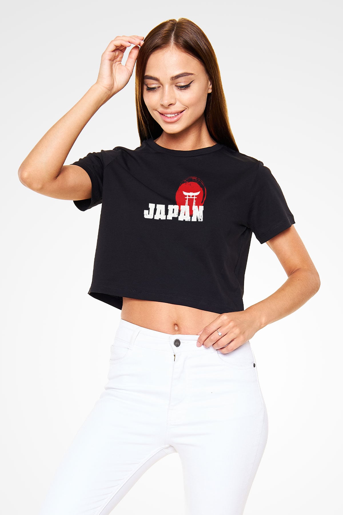 Japonya Siyah  Crop Top Tişört