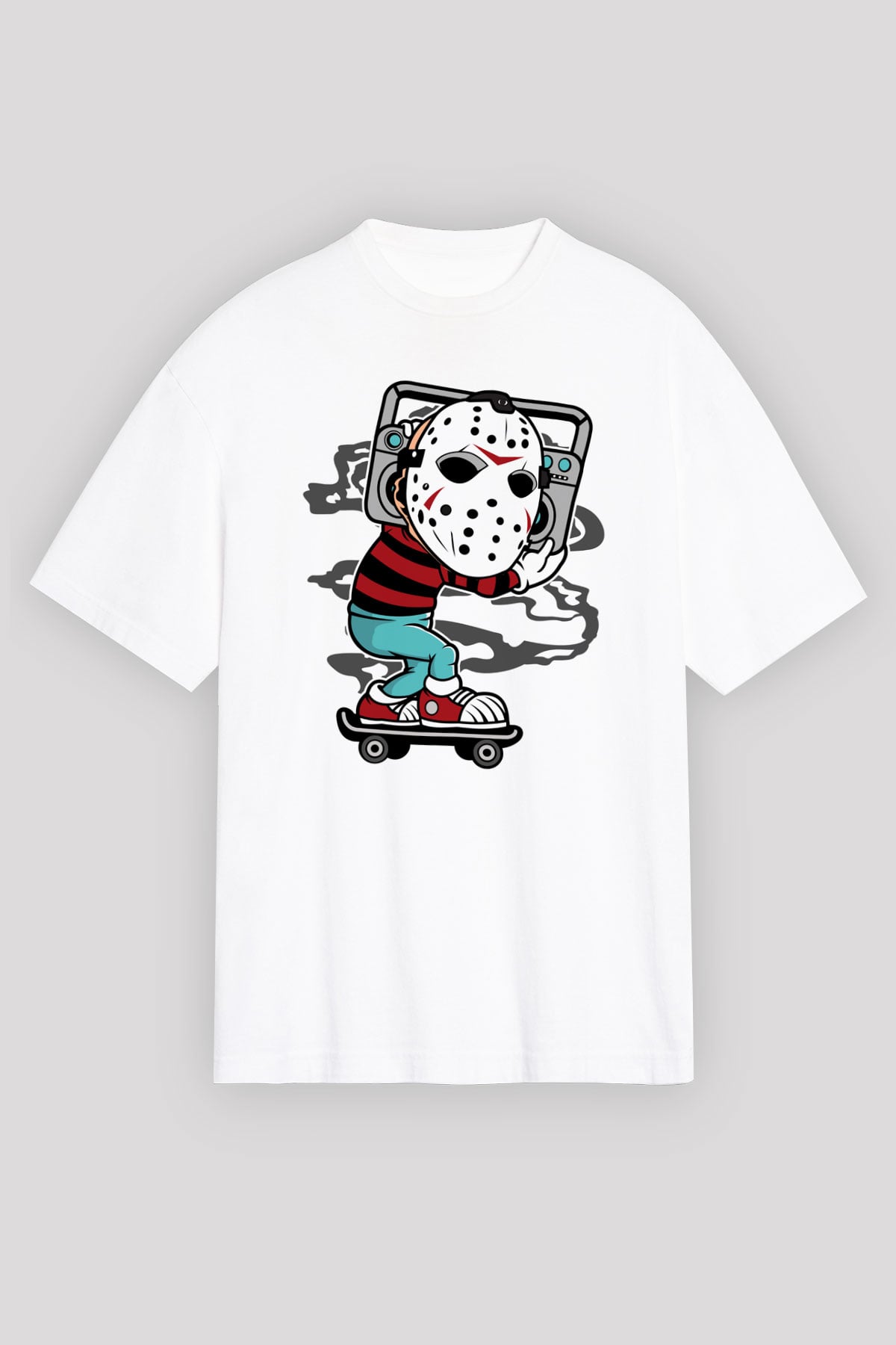 Jason Boombox Baskılı Unisex Beyaz Oversize Tişört