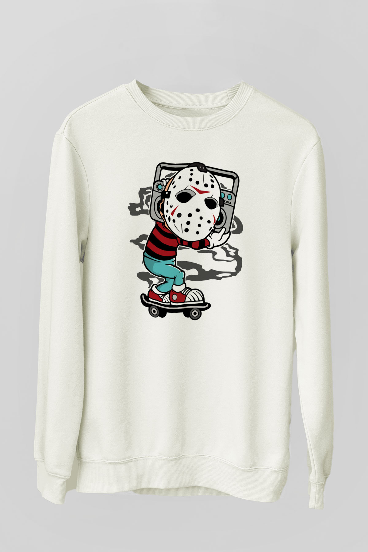Jason Boombox Baskılı Unisex Beyaz Sweatshirt
