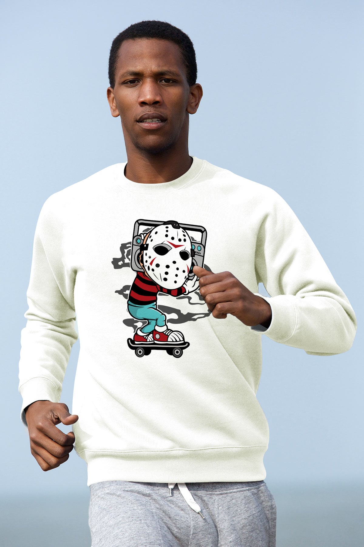 Jason Boombox Baskılı Unisex Beyaz Sweatshirt