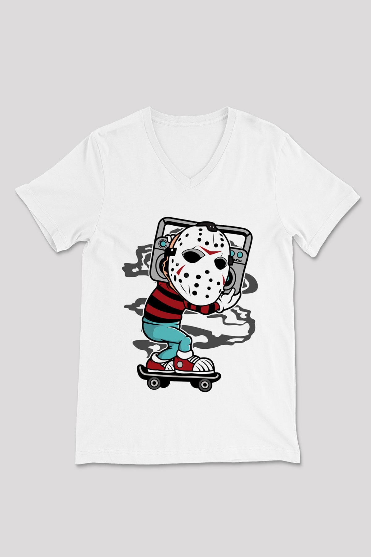 Jason Boombox Baskılı Unisex Beyaz V Yaka Tişört
