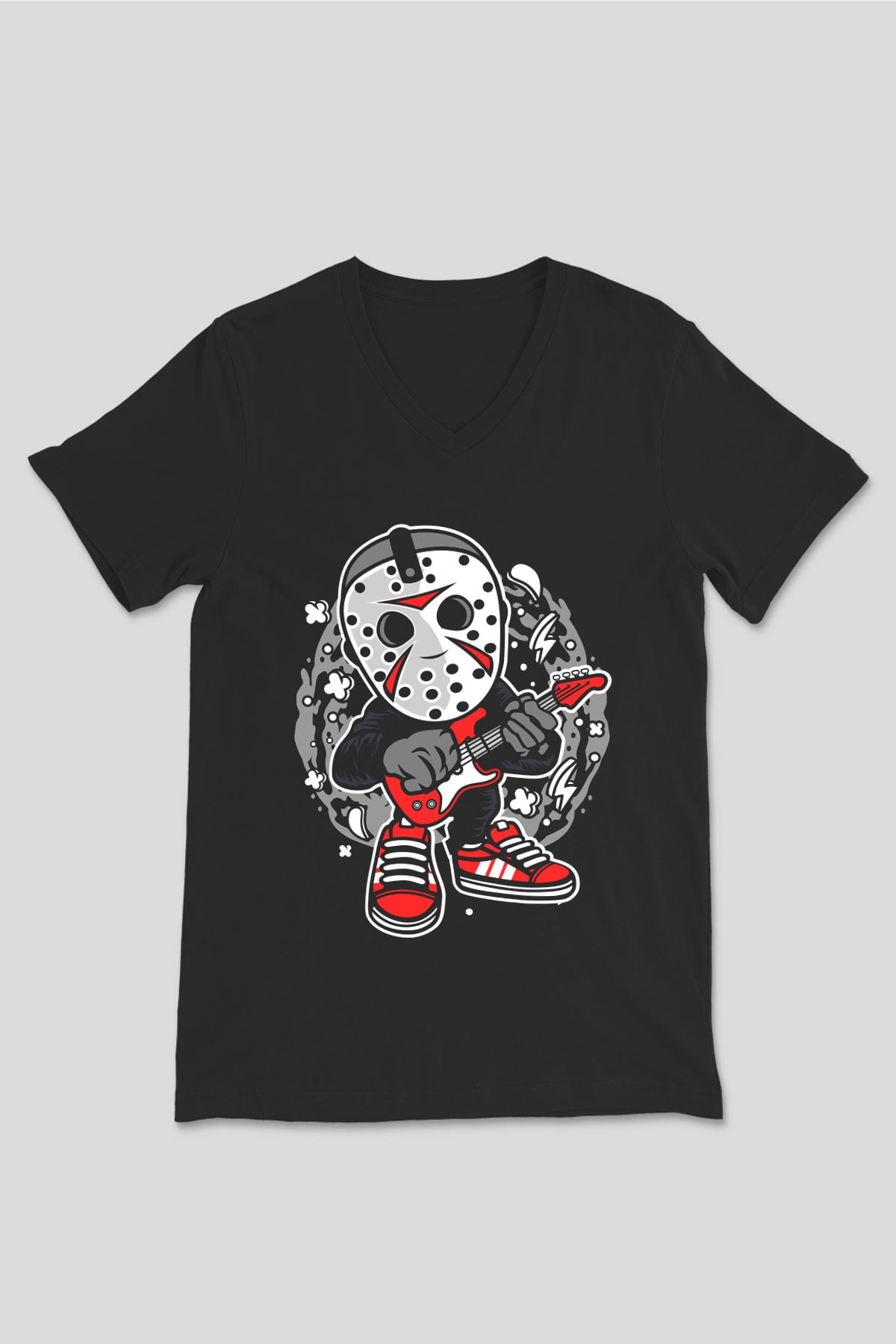 Jason Rockstar Baskılı Unisex Siyah V Yaka Tişört