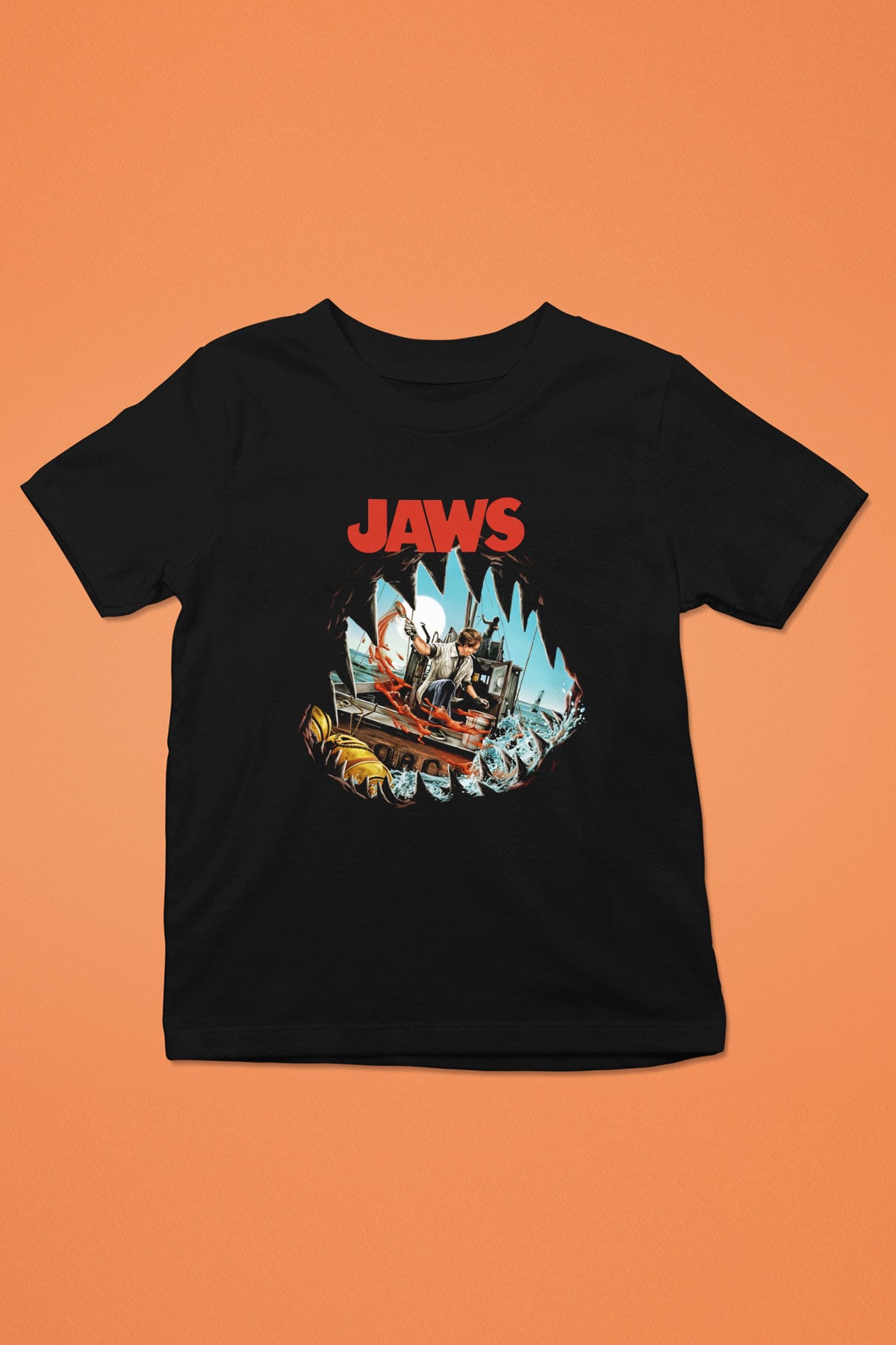 Jaws Baskılı Siyah Unisex Çocuk Tişört