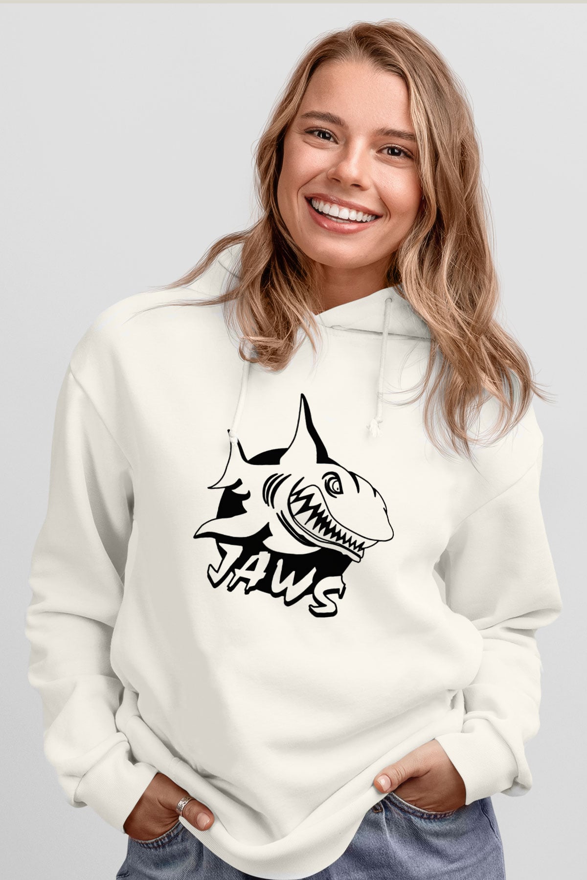 Jaws Beyaz Unisex Hoodie
