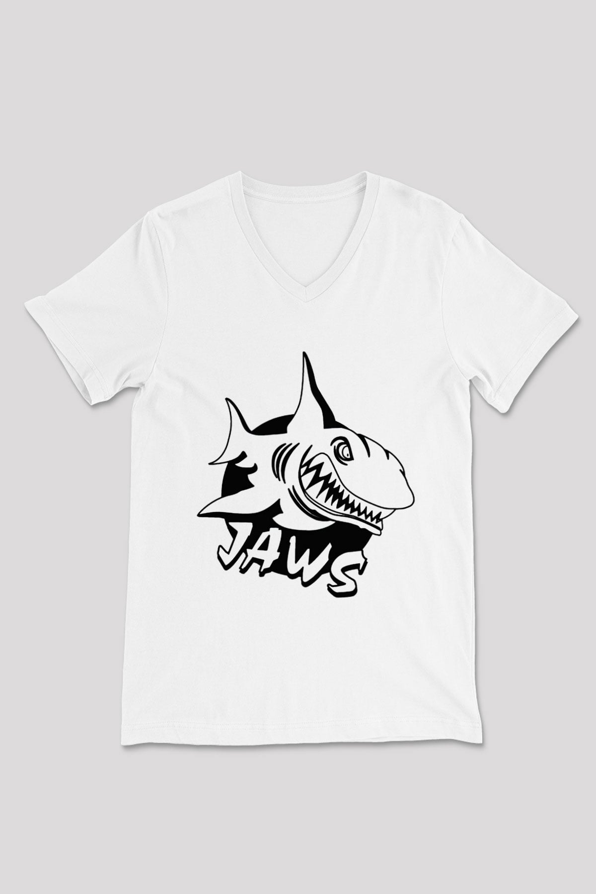 Jaws Beyaz Unisex V Yaka Tişört T-Shirt
