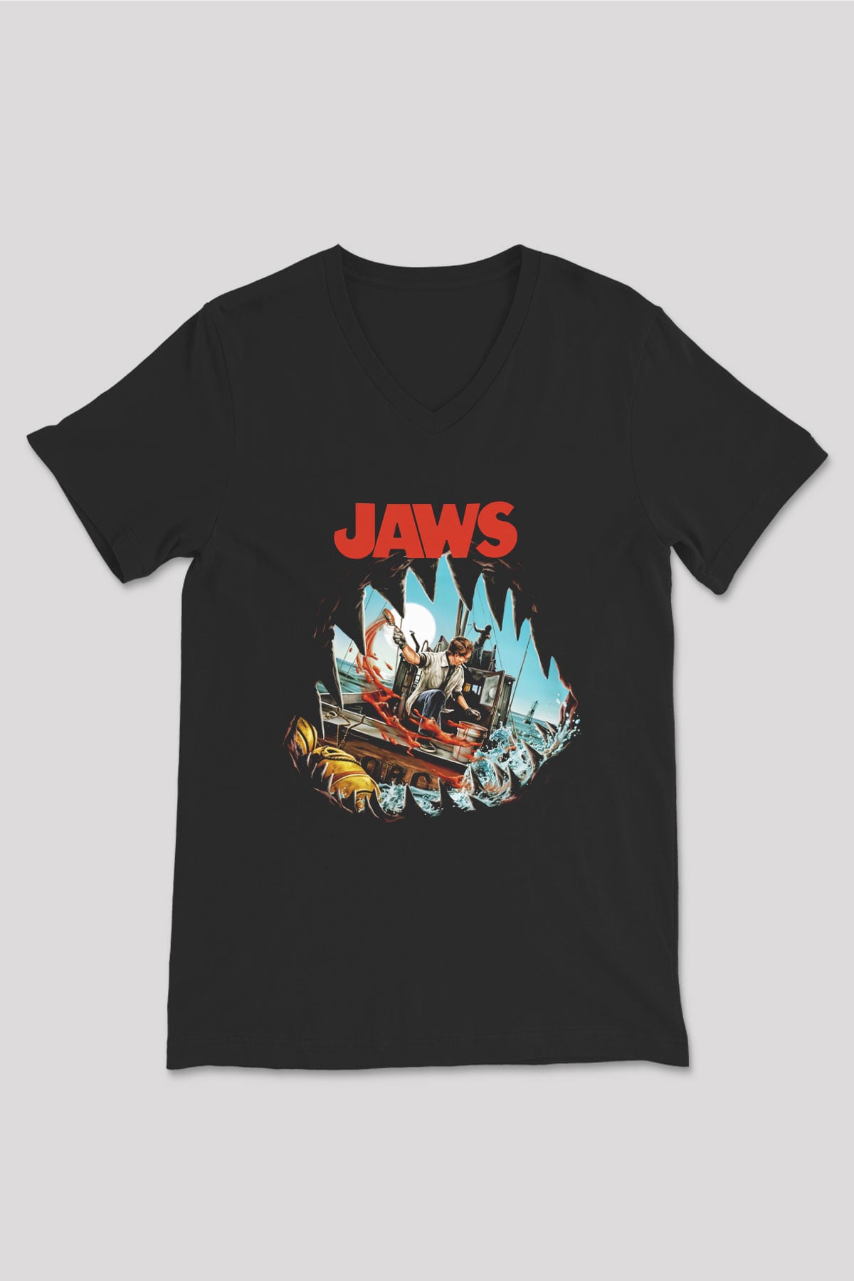 Jaws Siyah Unisex V Yaka Tişört T-Shirt