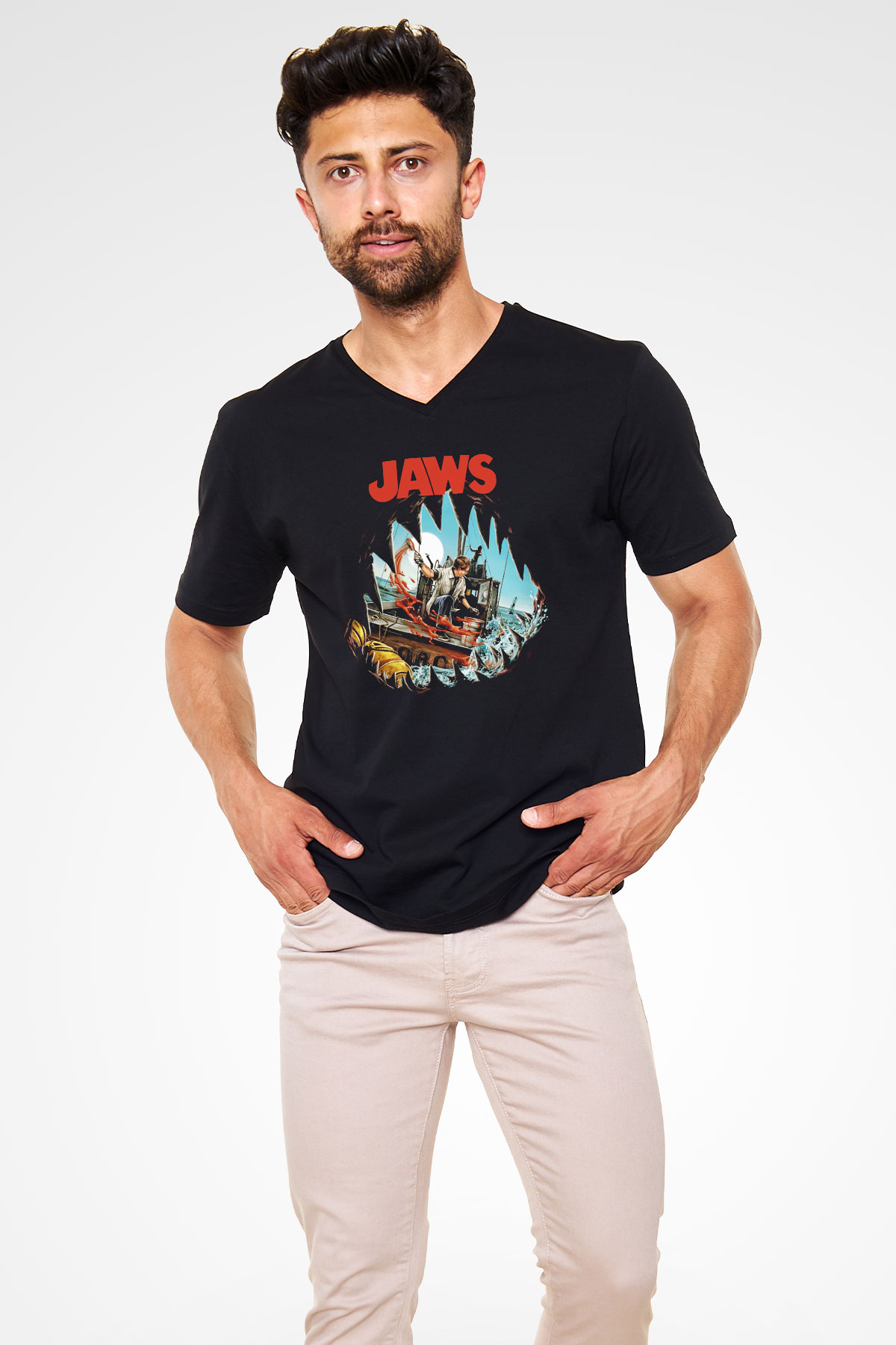 Jaws Siyah Unisex V Yaka Tişört T-Shirt