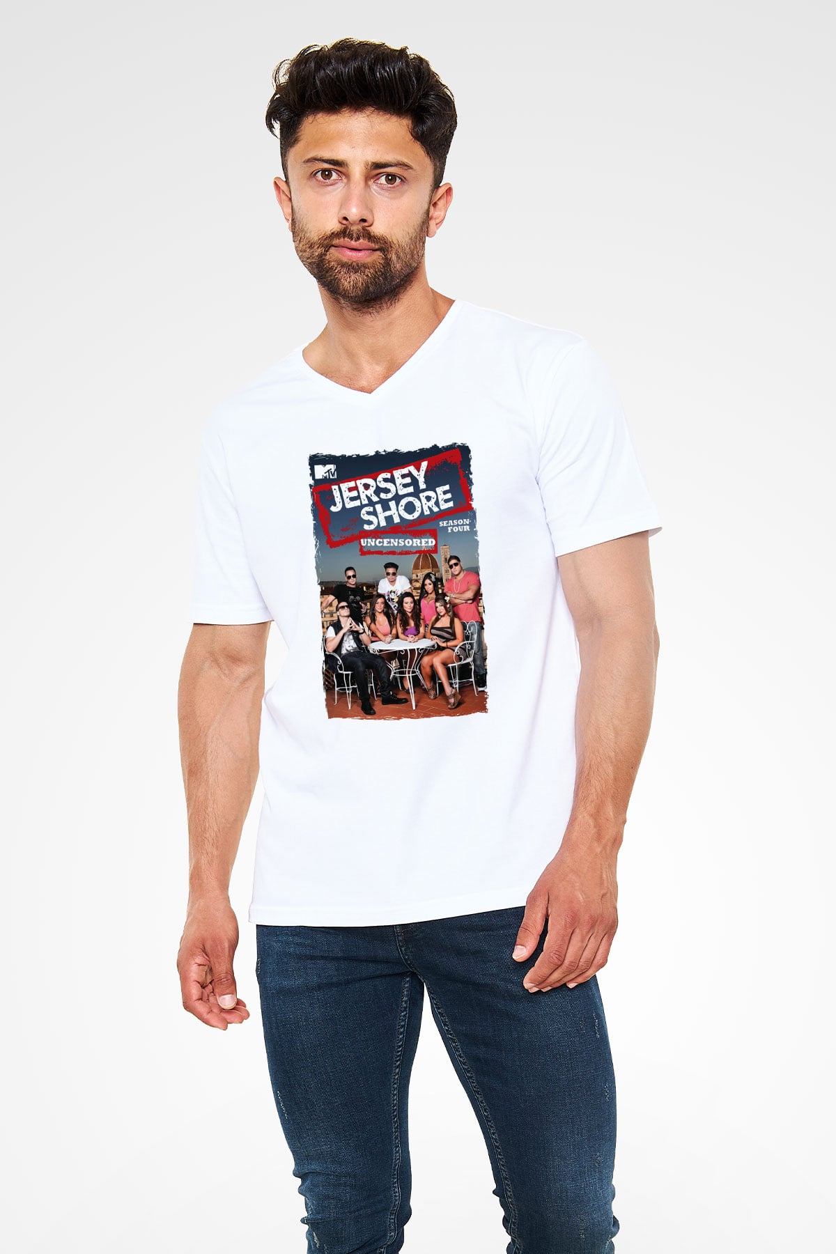 Jersey Shore Beyaz Unisex V Yaka Tişört