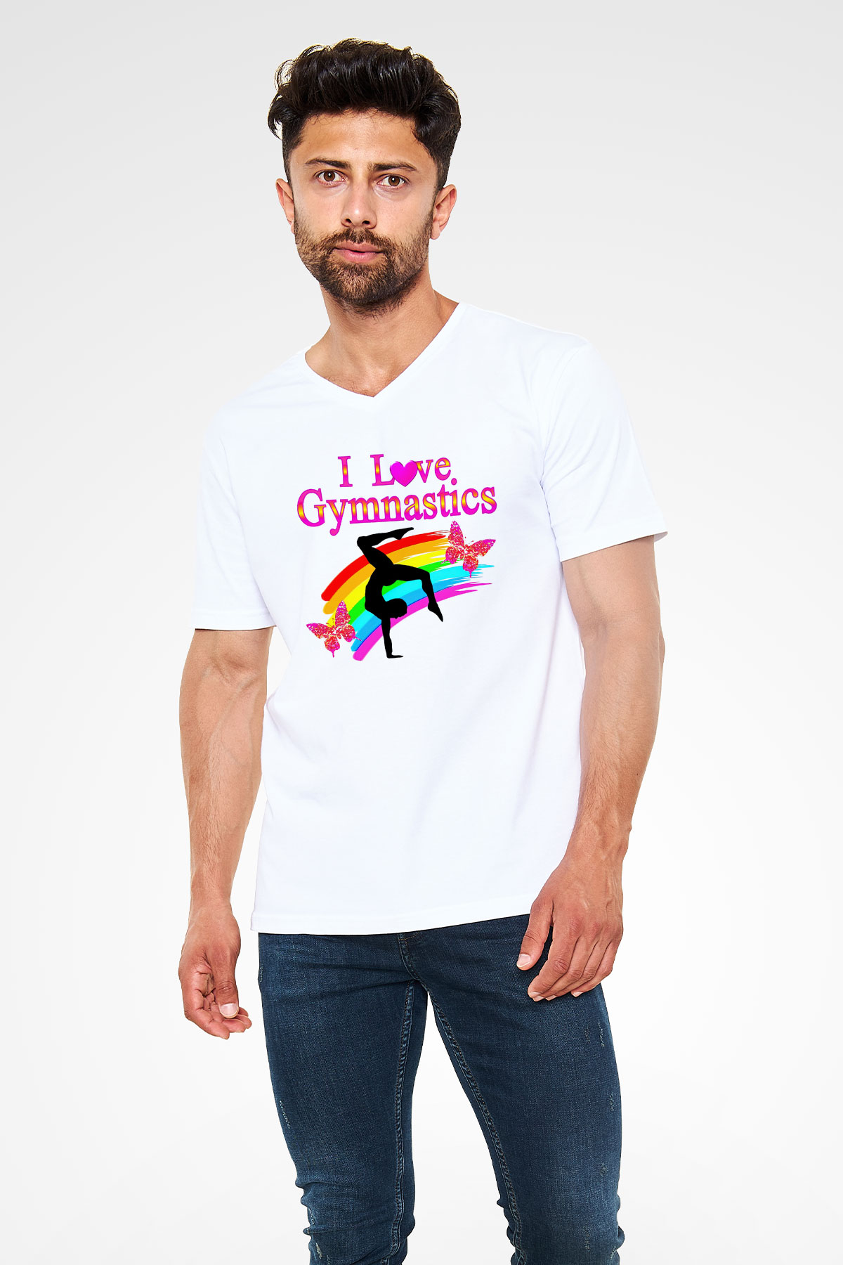 Jimnastik Beyaz Unisex V Yaka Tişört T-Shirt