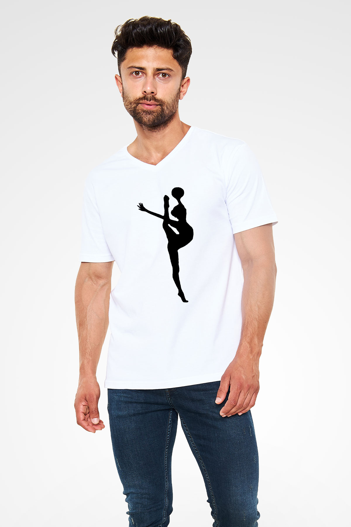 Jimnastik Beyaz Unisex V Yaka Tişört T-Shirt