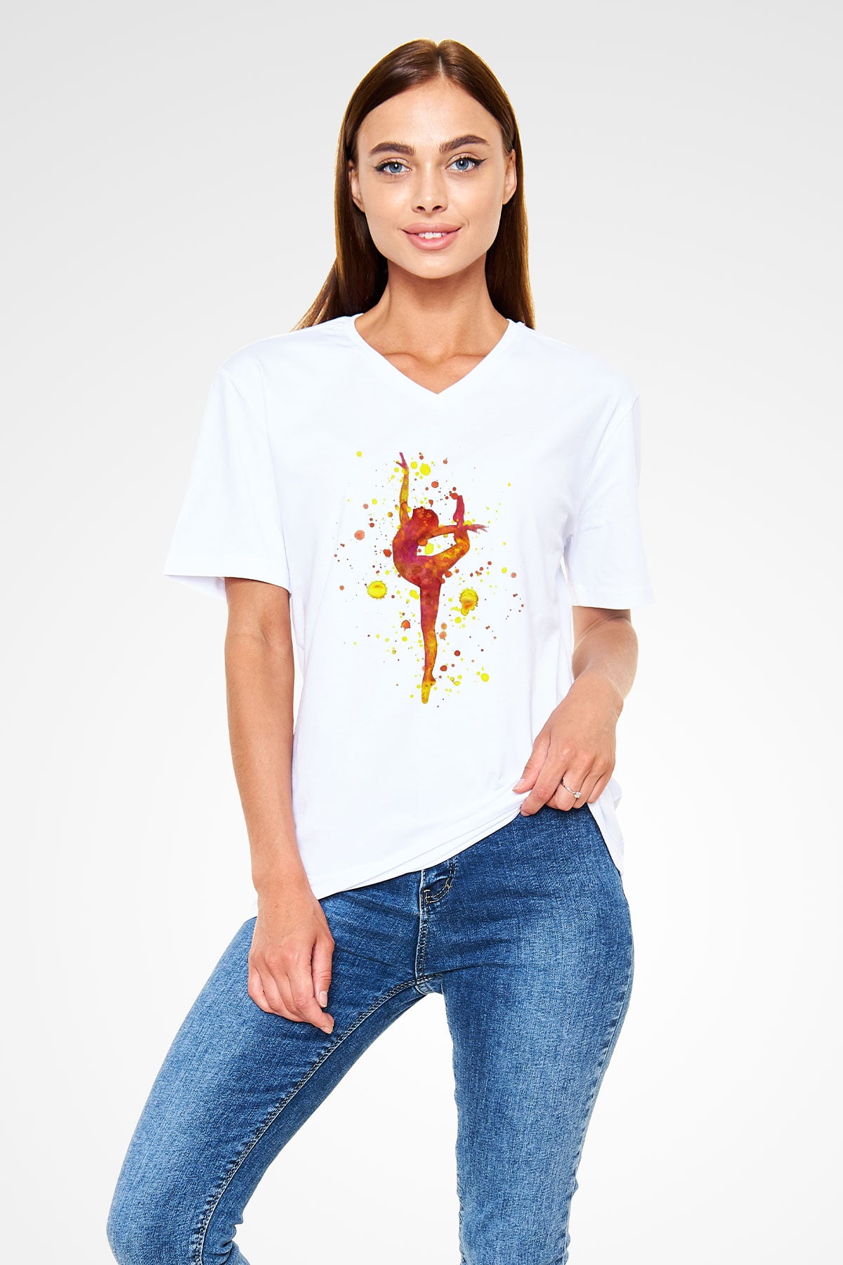 Jimnastik Beyaz Unisex V Yaka Tişört T-Shirt