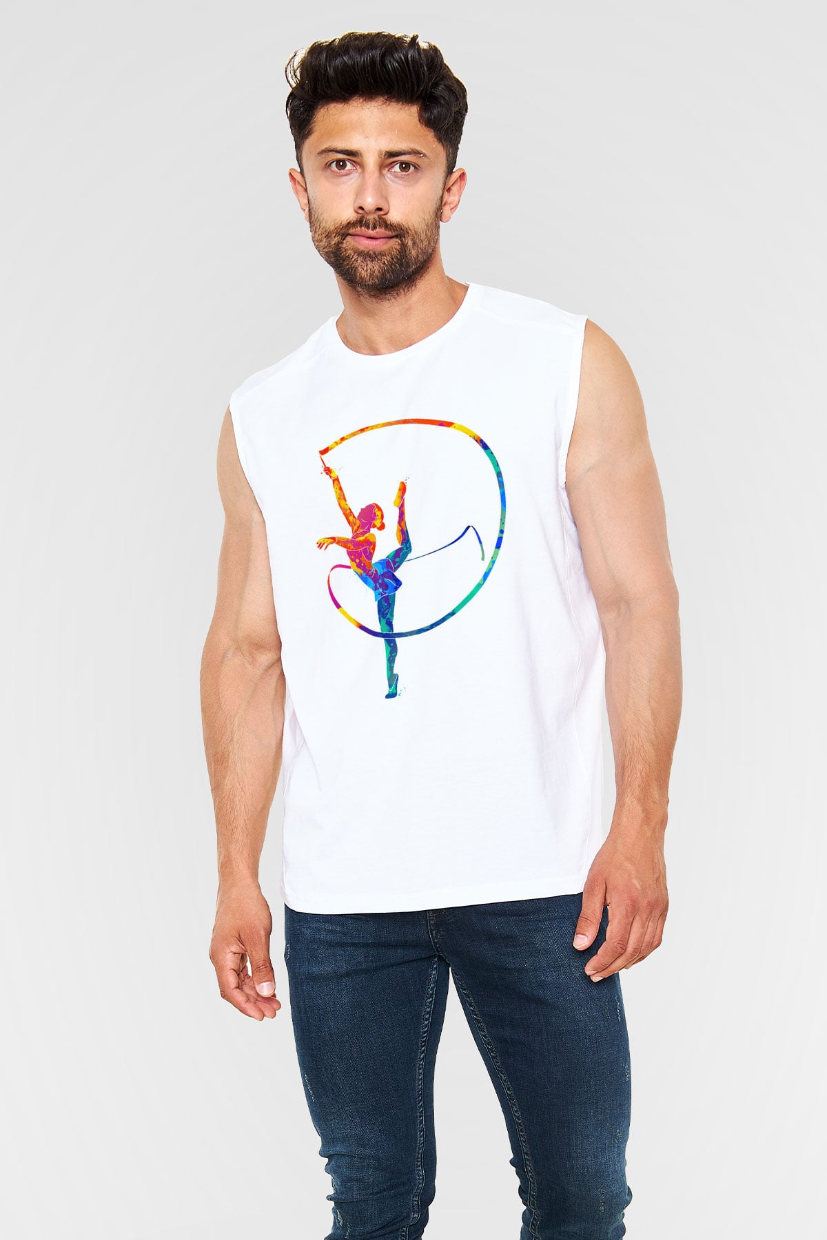 Jimnastikçi Beyaz Unisex Kolsuz Tişört